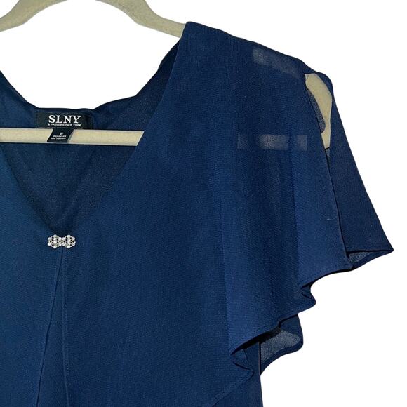 SLNY Navy Blue Ruffle Dress w/ Cap Sleeves & Silver Gemstone Details, Size 8 - Picture 4 of 6